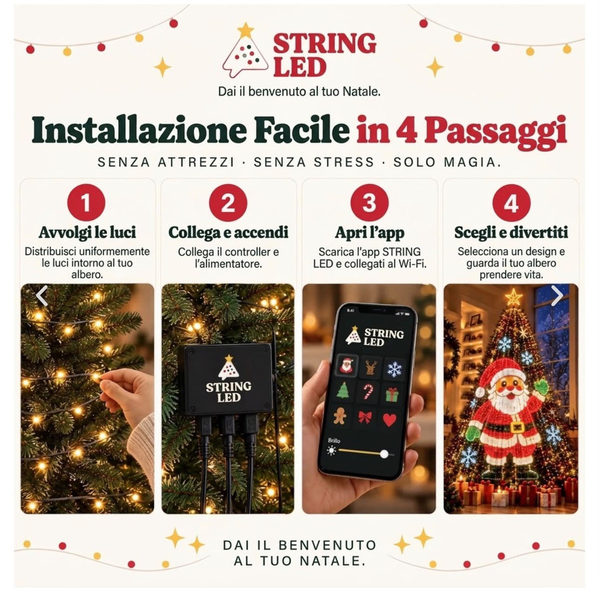 Le luci LED Smart che trasformano il tuo albero in uno spettacolo di Natale che lascerà tutti a bocca aperta. 1,20m e 1,60m